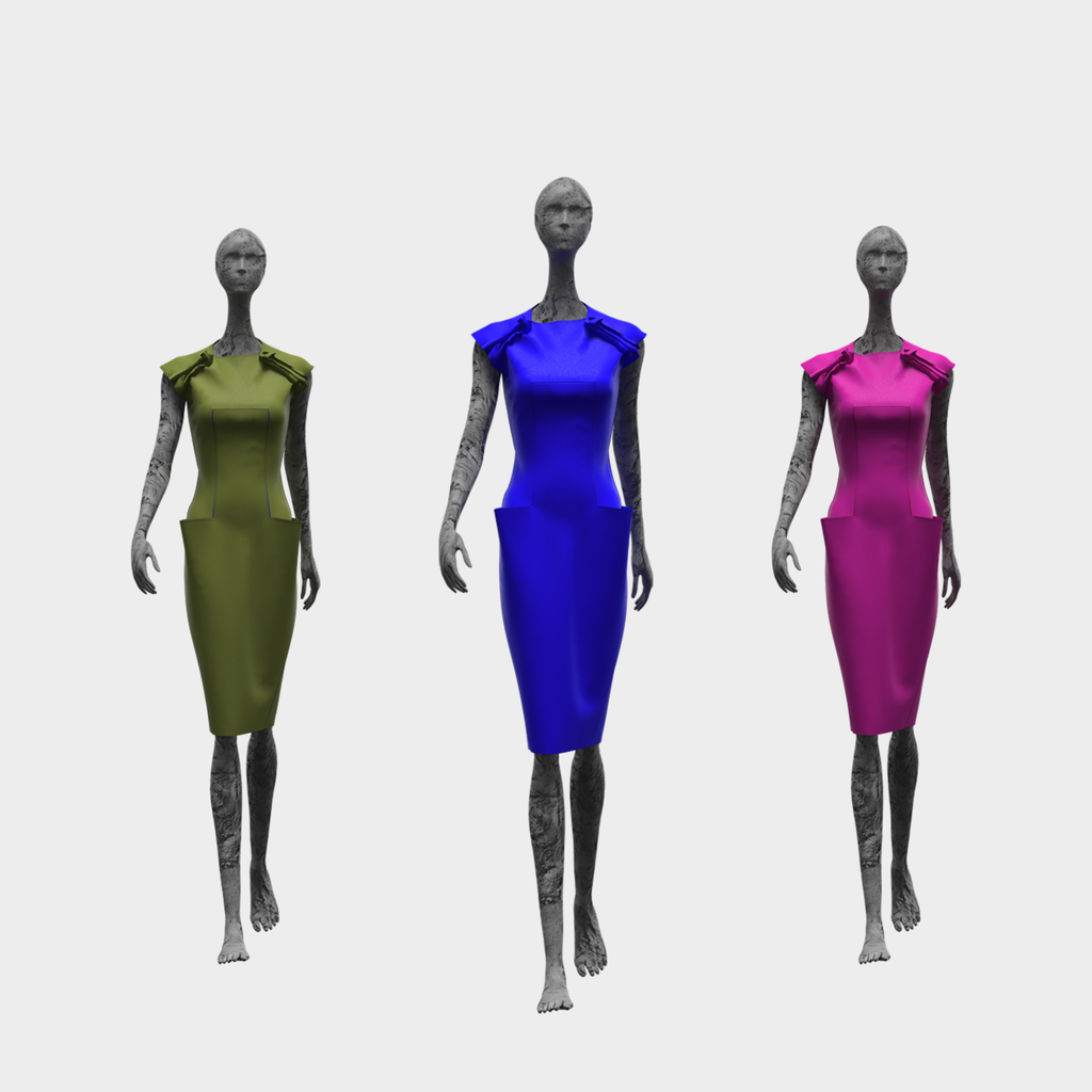 Three 3D models of Paris dresses, in khaki, fuchsia and electric blue